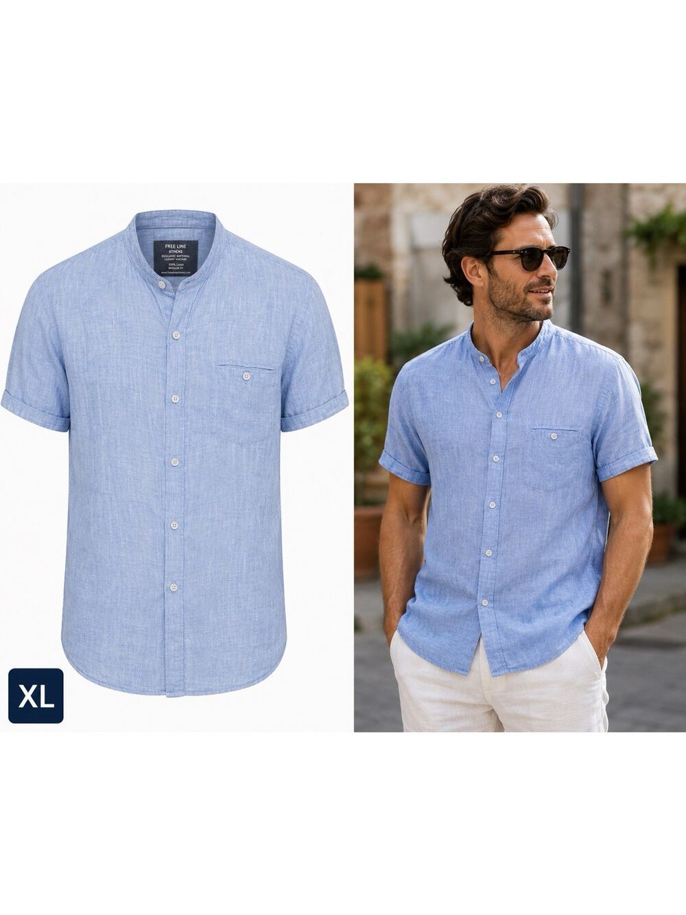 Free Line Athens Linen Button Up Shirt Men’s XL Blue Casual Shirt Lightweight
